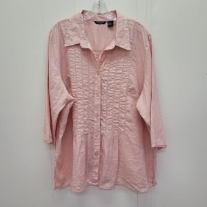 Autograph Women Pintuck Short Sleeve Button Up Linen Shirt